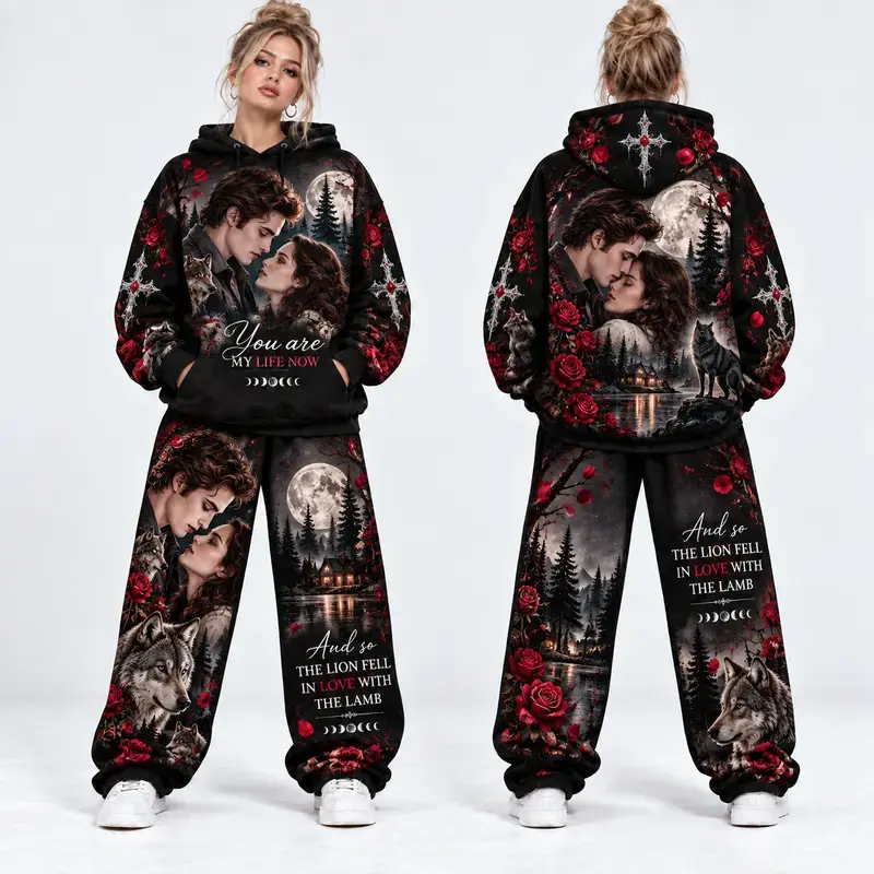 Gothic Romance Hoodie & Sweatpants Set, Moonlit Wolf & Red Rose Graphic Two Piece Outfit, Oversized Pullover Hoodie with Baggy Jogger Pants, Dark Fantasy Streetwear