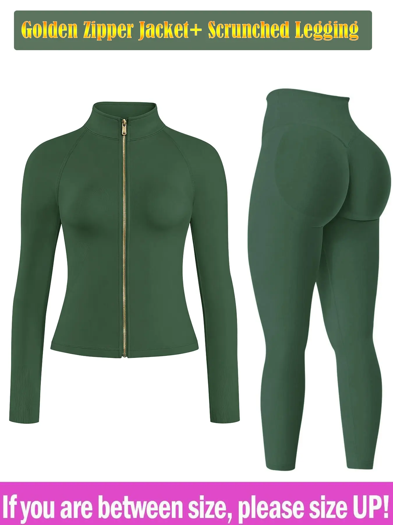 Women's 2-Pieces Slim-Fit Workout Set - Nylon Blend Zip-Up Stand Collar Long Sleeve Jacket, High-Waist Tummy Control Leggings for Yoga, Fitness, Hand Wash Cold