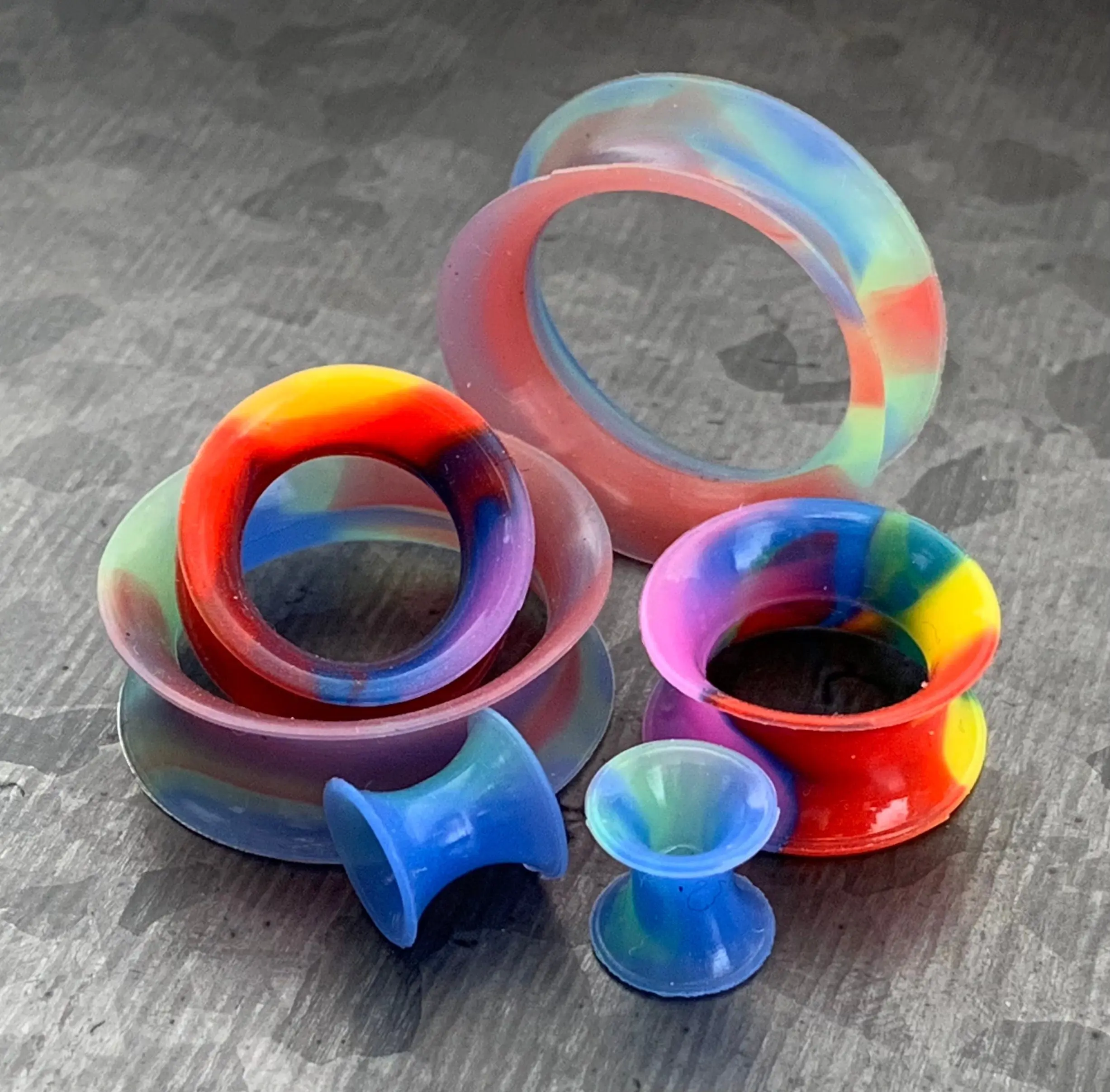 PAIR of Unique Rainbow Swirl Ultra Thin Silicone Double Flare Tunnels/Plugs - Gauges 4g (5mm) thru 7/8" (22mm)