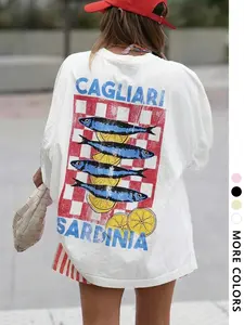 Women's Fish & Lemon Print Round Neck Tee, Casual Letter Graphic Short Sleeve T-shirt for Daily Wear, Ladies Clothes for All Seasons, Top