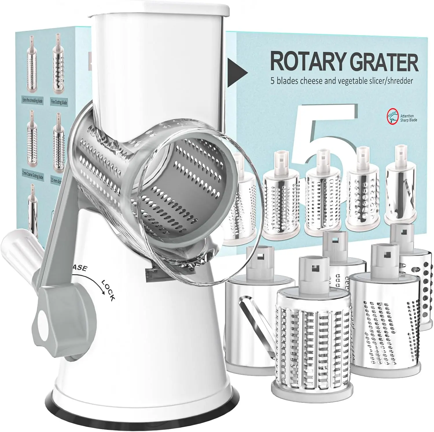 Hand Crank Rotary Cheese Grater with 5 Blades, Non-Slip Suction Base for Fresh Cheese, Vegetables, Nuts - White Kitchen Grating Appliance