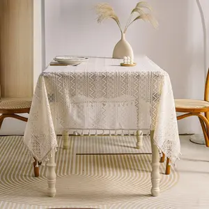 Boho Lace Design Tablecloth, 1 Piece Triangular Tassel Decor Lace Table Cloth, Romantic Table Cover for Home Kitchen Dining Room Decor Decorative Tablecloth