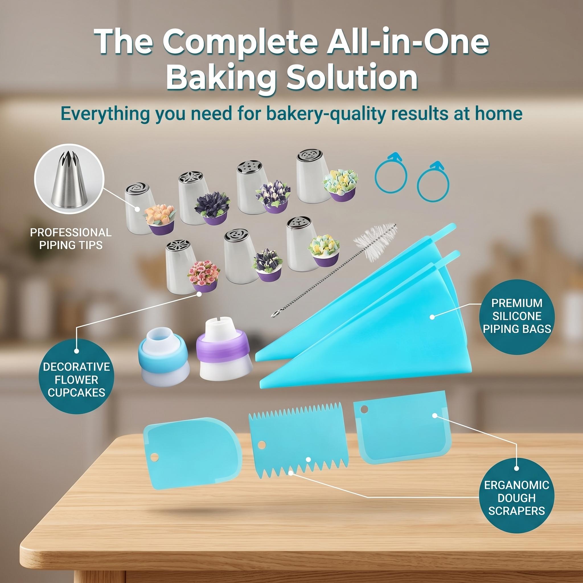 17 Pcs Cake Decorating Supplies Kit with Stainless Steel Icing Tips, Reusable Silicone Piping Bags, Scrapers & Couplers - Baking Tools for Cakes, Cupcakes & Cookies
