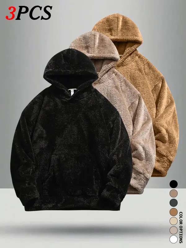 Men’s Hooded Plush Sweatshirt Multi-Pack for Autumn/Winter – Loose Fit, Casual & Versatile Basic Long-Sleeve Fleece Top