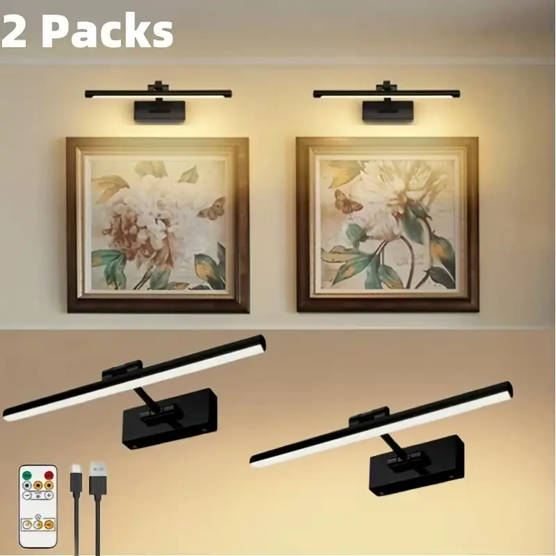 2Pcs Picture Light For Wall, 4800mAh Rechargeable Wireless Remote Battery Lights For Painting, 16In Dimmable Magnetic LED Art Display Light, Colors Temperatures, For Gallery, Living Room,Hallway