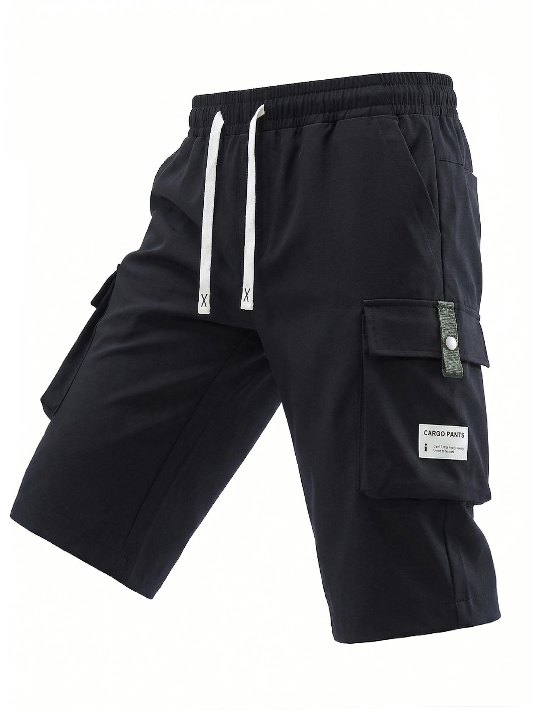 Men's Summer Casual Cargo Shorts - Elastic Drawstring Waist, Multiple Pockets & Letter Patch Design, Regular Fit Mid-Rise Non-Stretch Fabric for Daily Wear & Leisure Activities, Nontransparent Fabric