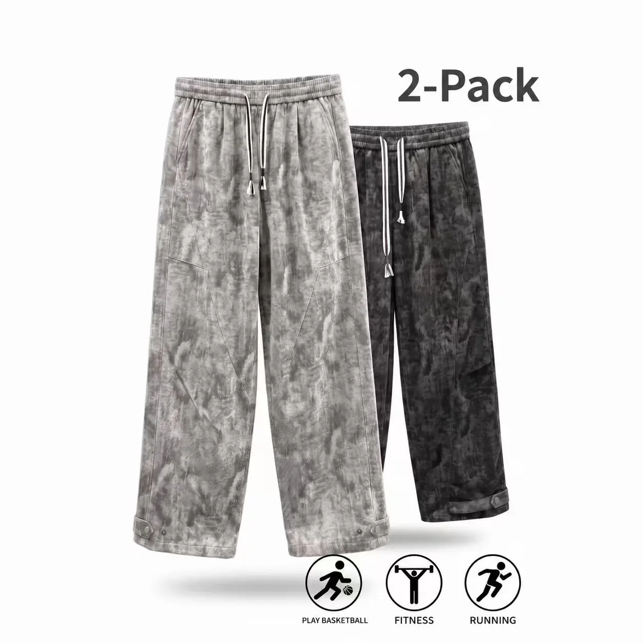 Men's 2-Pack Acid Wash Sweatpants, Wide Leg Straight Casual Sports Pants, Elastic Waist Drawstring Lounge Pants with Side Pockets, Street Dance Workout Running Pants with Snap Button Hem