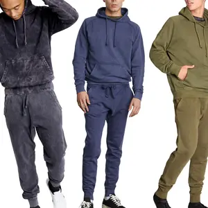 Vintage Mineral-Wash Hoodie & Jogger Set - Premium Heavyweight Cotton Fleece Streetwear Outfit with Spacious Front Pouch Pocket & Adjustable Drawstring Waist