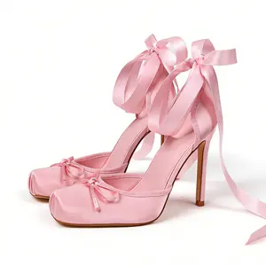 EROCALLI Elegant Fashionable Ladies High Heeled Square Toe Ankle Strap Women's Satin Stiletto Heels - Elegant Ballet Slingback Pumps with Bow Accents Satin Bow Ballet Toe Cap Bottom Lace Up Slingback Pumps Strappy Sandals Stiletto