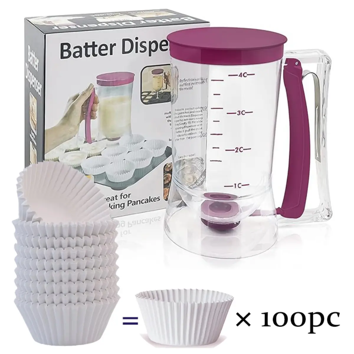 Pancake Cupcake Batter Dispenser,With 100 Count White Cupcake Liners Grease-Proof Baking Cups Paper， Bakeware Maker with Measuring Label, Perfect Baking Tool for Cupcakes, Waffles, Muffin Mix, Cake or Any Baked Goods
