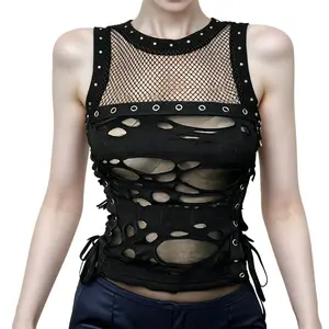 Grunge Tank Tops for Women - Fishnet Crew Neck Ripped Sheer Lace-up Elastic, Black Goth Punk Rave for Going Out Party