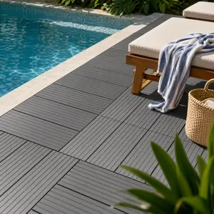 48 Pack 12"x12" WPC Interlocking Deck Tiles, Composite Outdoor Patio Flooring with Drainage Base, Snap-Together Waterproof DIY Tiles for Balcony Porch Pool – Dark Grey
