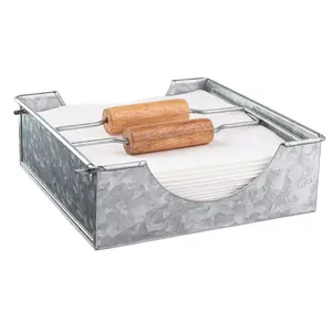 Royalty Art Galvanized Napkin Holder with Dual Wooden Handles - Rustic Square Design for Country Style Kitchens and Dining Rooms - Heavy-Duty Paper Storage for Indoor and Outdoor Use