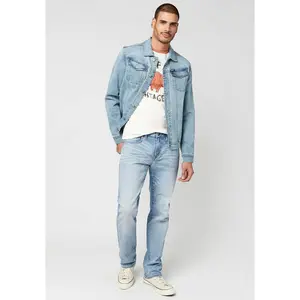 Six Men's Straight Jeans, Crinkled Mid Blue - BM22762