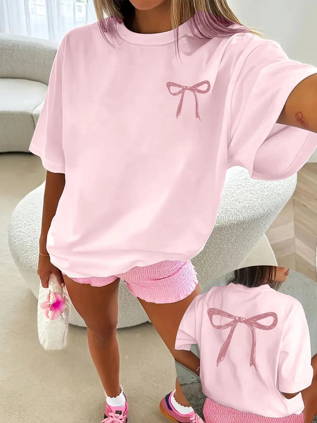 Double-Sided Bow Print Loose Fit Casual T-Shirt, Ballet Style Sweet Girl Short Sleeve Top, Perfect for Tiktok Trend, Comfortable and Stylish, Womenswear