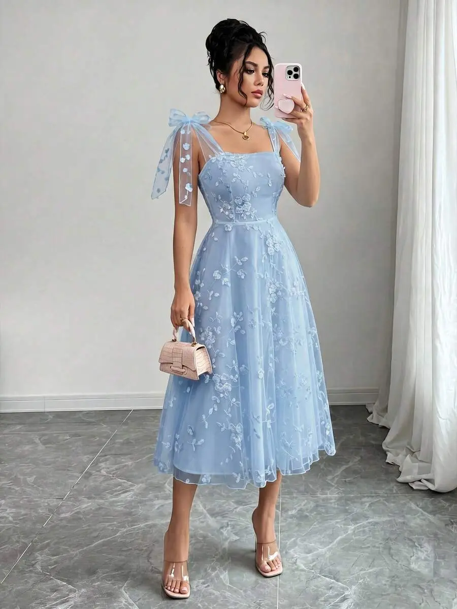 Women's Elegant Lace Bow Tie Dress, Formal Evening Gown