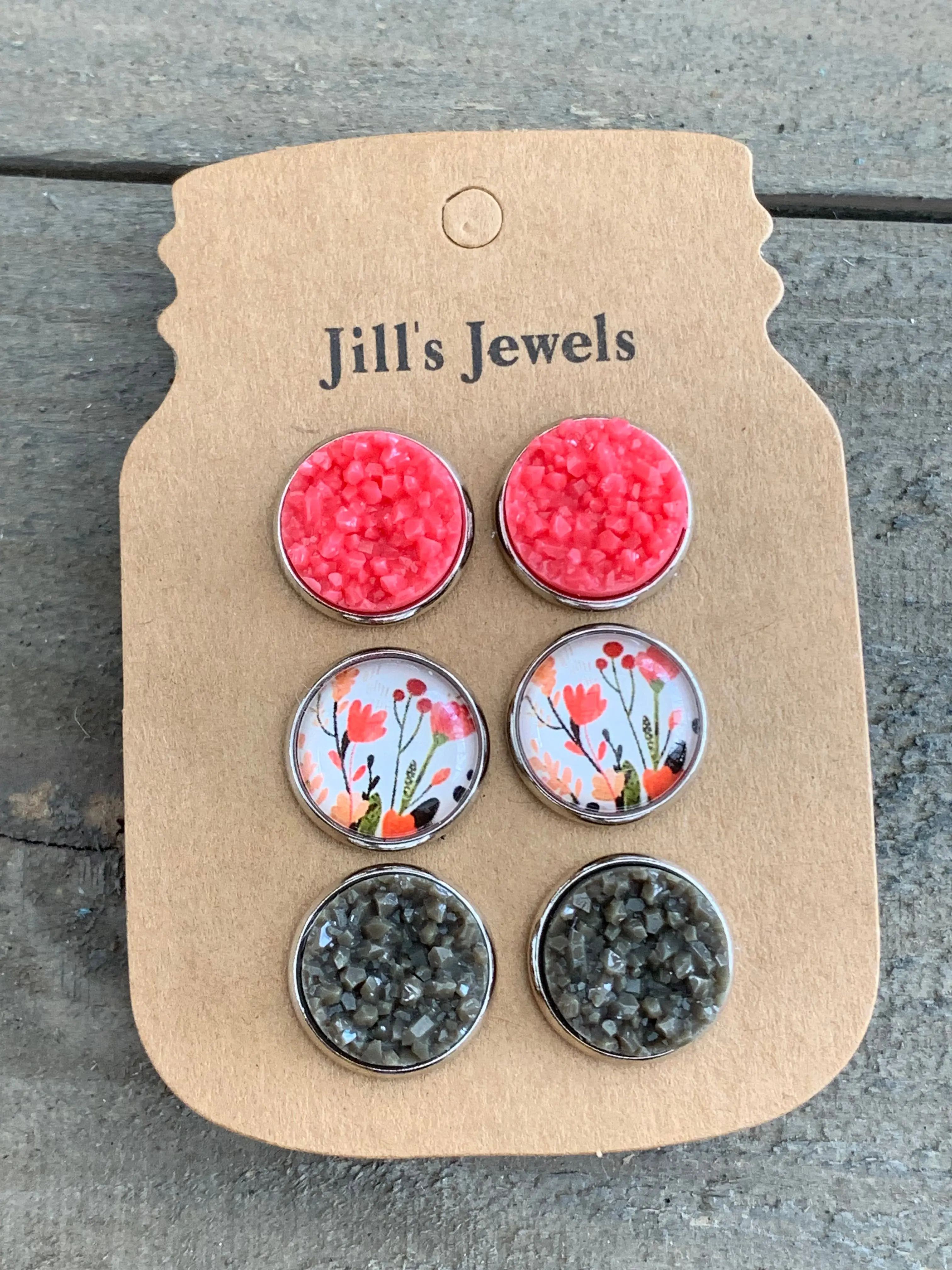 Army Green and Coral Floral Faux Druzy Earring 3 Set
