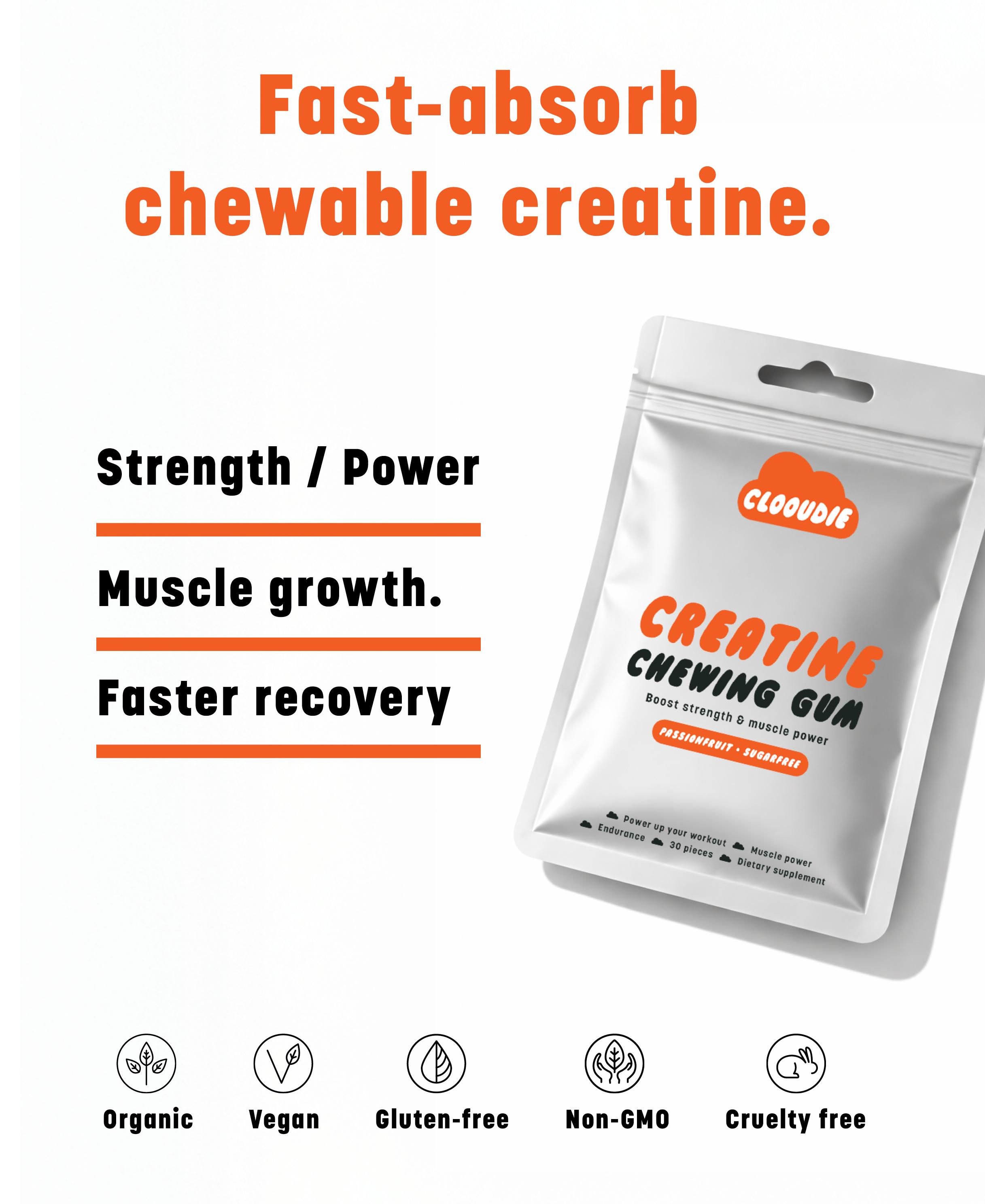 Clooudie Creatine Chewing Gum, Passionfruit Flavor, 30 Gum, Workout Power Up, Energy System & Muscle Support, Endurance & Output, Dietary Supplement, Sugar Free