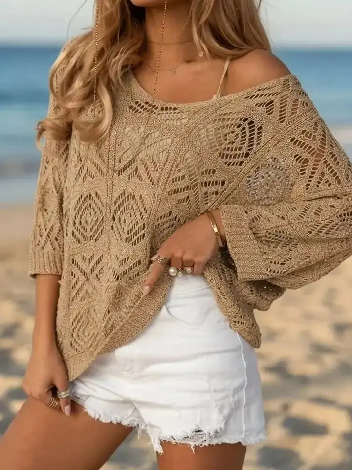 Women's Trendy Crochet Knit Sweater – Sexy V-Neck Hollow Out Pullover Top, Lightweight 3/4 Sleeve Loose Fit Knitwear, Summer Beach Cover Up & Casual Spring Jumper, effortless layering, chic everyday, refined casual