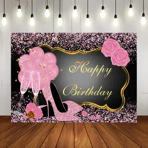 Sweet Pink Happy Birthday Backdrop Rose Shiny Sequin High Heels Champagne Golden Frame Party Photography Background Happy 30th 40th 50th 60th Birthday Decorations for Adults Women Photo Booth Props