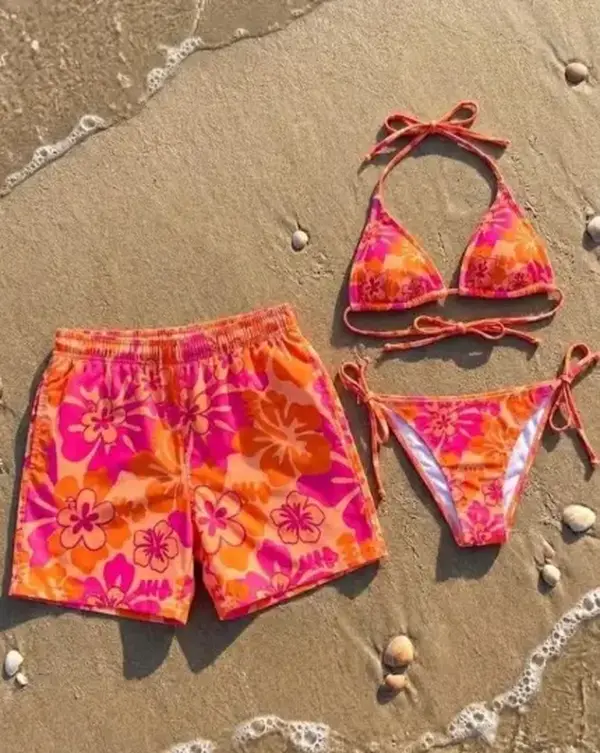 Matching Couple Tropical Floral Swimwear Set | Women's Bikini & Men's Hawaiian Beach Shorts