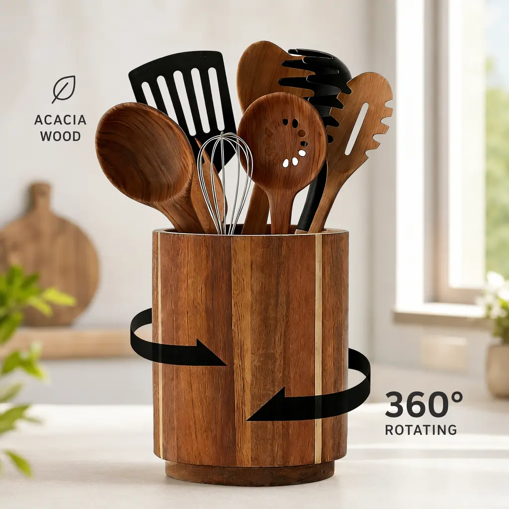 littleox Acacia Wood Utensil Holder 360° Rotating Countertop Organizer with Non-Slip Base Large Capacity Kitchen Utensil Crock for Spatula Spoon Cooking Tools