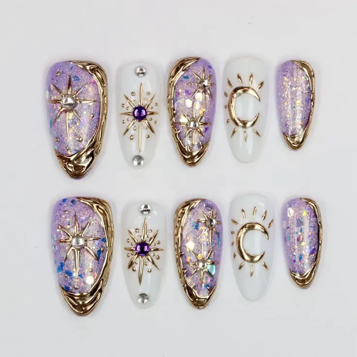 Galaxy Press On Nails Purple Gold 3D Moon Star Crystal Handmade Reusable Fake Gel Nails Celestial Fantasy Nail Art Set with Free Adhesive Tabs Nail File Cuticle Stick