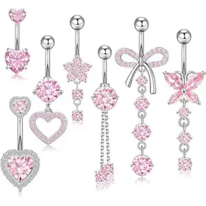 7 Pieces 14G Surgical Stainless Steel Belly Button/Navel Piercing Dangle Belly Rings, Cute CZ Heart/Butterfly/Flower Dangling Belly Piercing Jewelry for Women