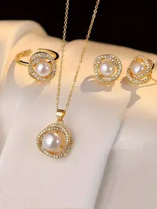 Faux Pearl & Rhinestone Decorated Jewelry Set, Elegant Pendant Necklace & Ring & Stud Earrings, Fashionable Jewelry Set, Fashion Jewelry for Party, Daily Decor, Trendy All-match & Exquisite Jewelry for Birthday Gift