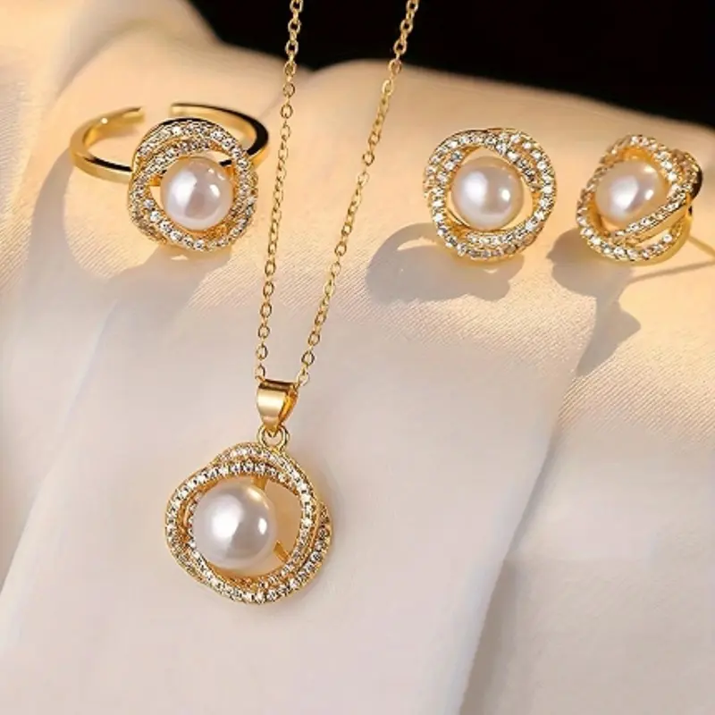 Faux Pearl & Rhinestone Decorated Jewelry Set, Jewellery Gift Set, Pendant Necklace & Ring & Stud Earrings, Fashion Jewelry for Party, Daily Decor, Jewelry for Birthday Gift, Fashionable Jewelry Set