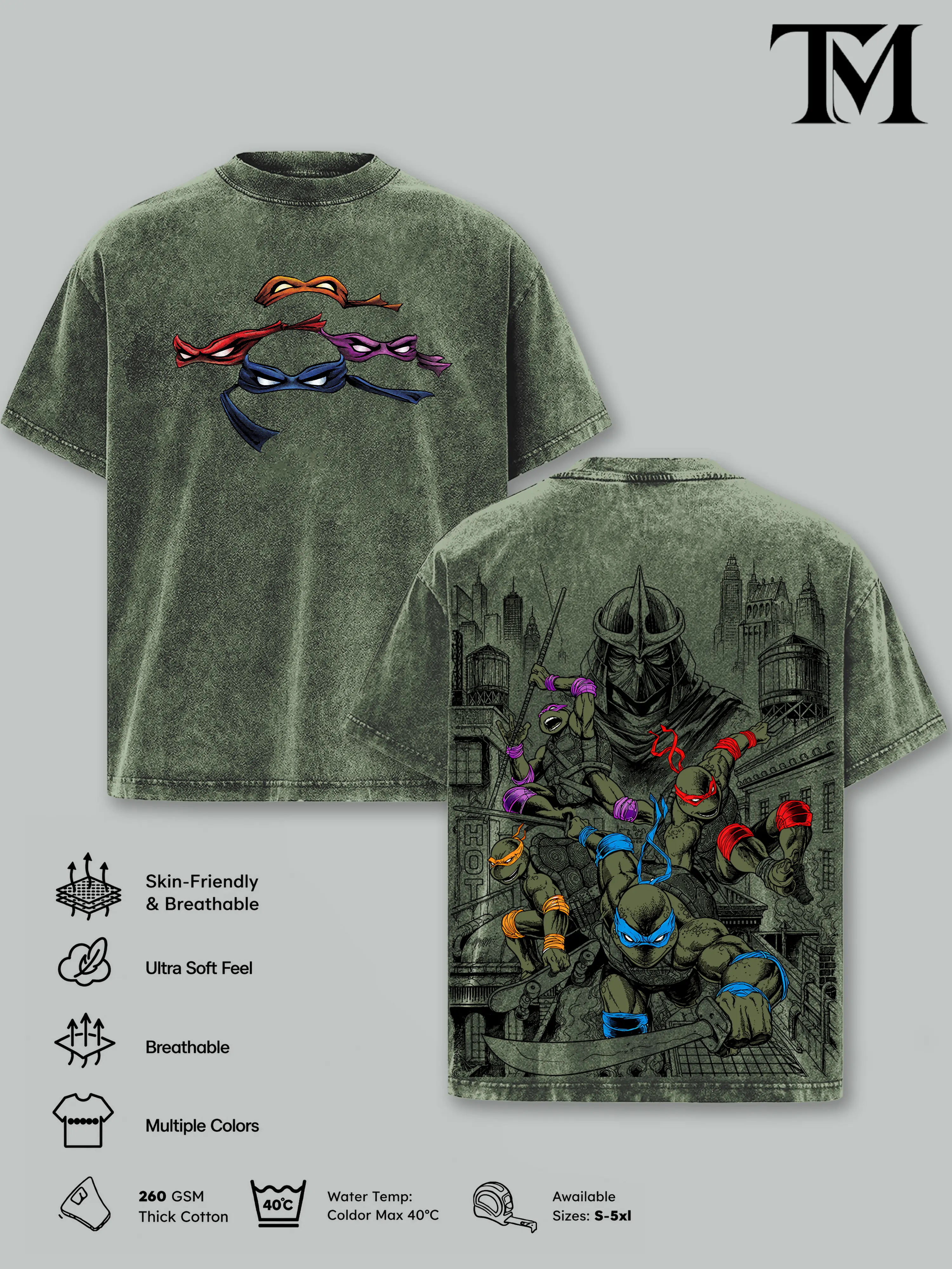 Vintage Black Washed TMNT T-Shirt, Front "Turtles" Logo & Side Weapon Flags + Back Full TMNT & Shredder Print, Oversized Unisex Tee for Retro Anime Fans & Street Style