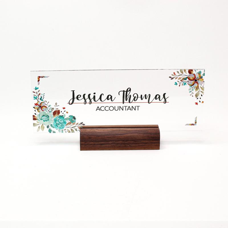 Acrylic desk Name Plate with nature ornament for office decor, gift for coworker, friend, personal sign