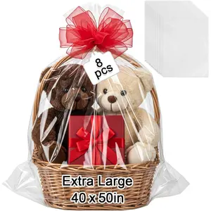 8 count  Cellophane Bags For  Baskets 40X50 Inches Durable Clear Cellophane Wrap for Wedding Birthday  Bag  Huge Clear Plastic Wrap