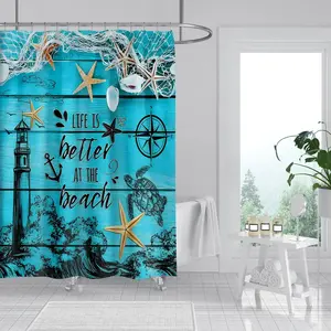 Lighthouse Turtle Starfish Pattern Polyester Shower Curtain, Waterproof Room Divider, Modern Bathroom Decor, Includes 12 Hooks, 70.8x70.8 Inches