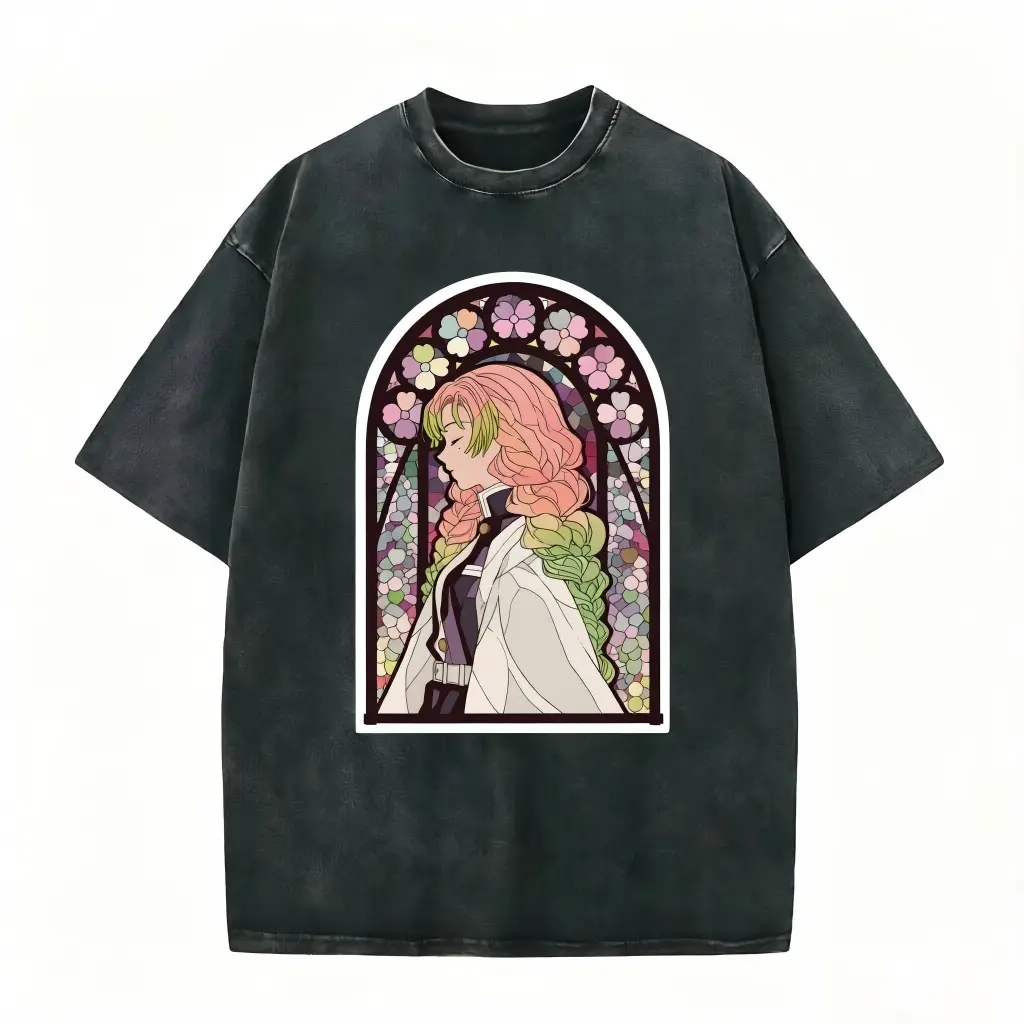 Stunning Stained Glass Mitsuri anime tee. Pink-green hair girl in church window frame on washed black cotton. Perfect for Demon Slayer fans & art lovers. Soft oversized fit—grab this divine vibe now! #mitsurikanroji