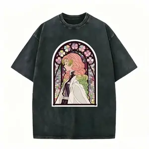 Stunning Stained Glass Mitsuri anime tee. Pink-green hair girl in church window frame on washed black cotton. Perfect for Demon Slayer fans & art lovers. Soft oversized fit—grab this divine vibe now! #mitsurikanroji