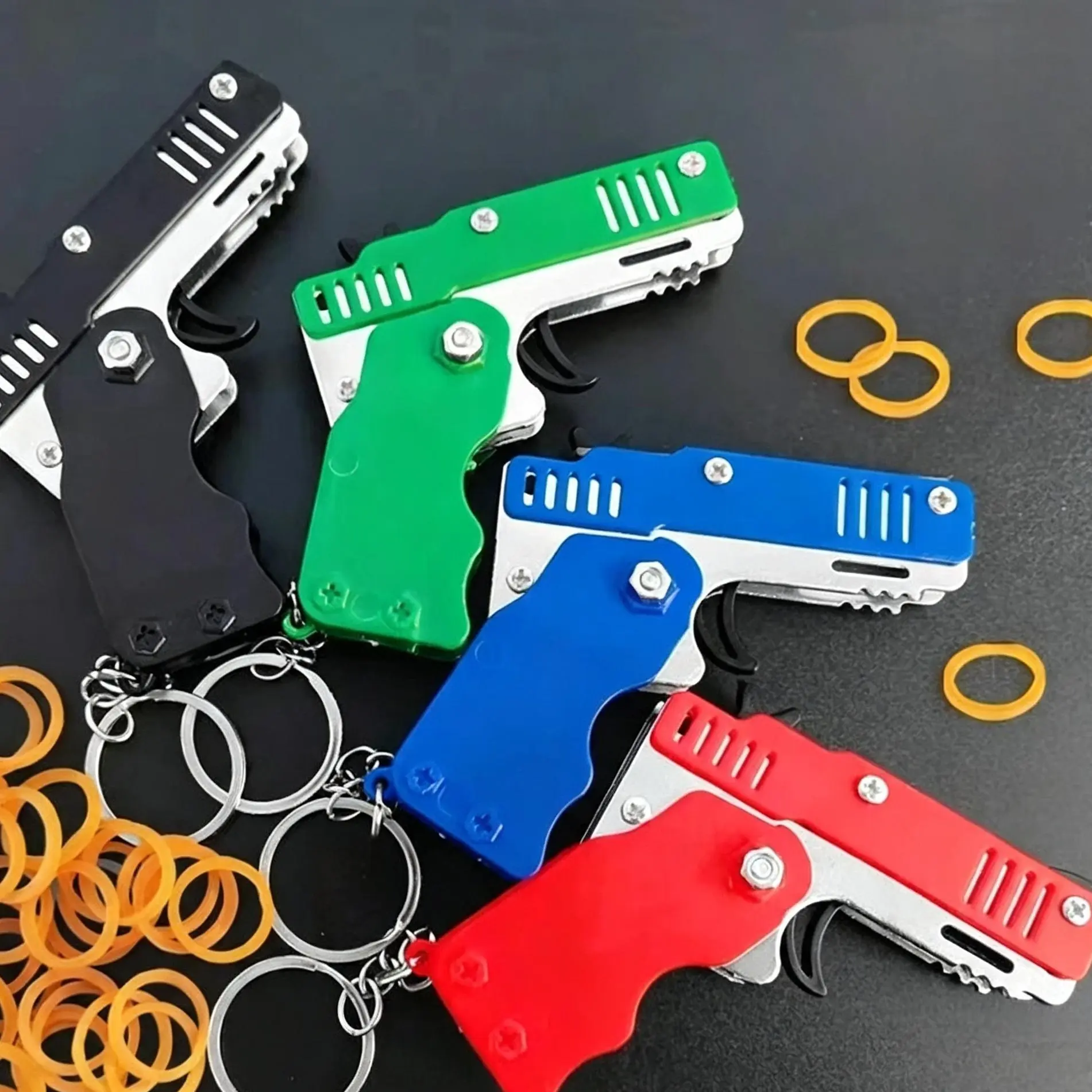 Mini Foldable Metal Rubber Band Launcher Toy, Portable Keychain Game Toy with 60pcs Rubber Bands, Ideal Christmas Holiday Gift, Must-Have Gift, Holiday Gift Exchange, Toy Pack