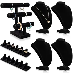 7 Pcs Black Velvet Jewelry Display Set for Shows, Necklace Bracelet Holder Jewelry Bust Holder Stand Ring Display Stand for Selling Craft Showcase Organizer