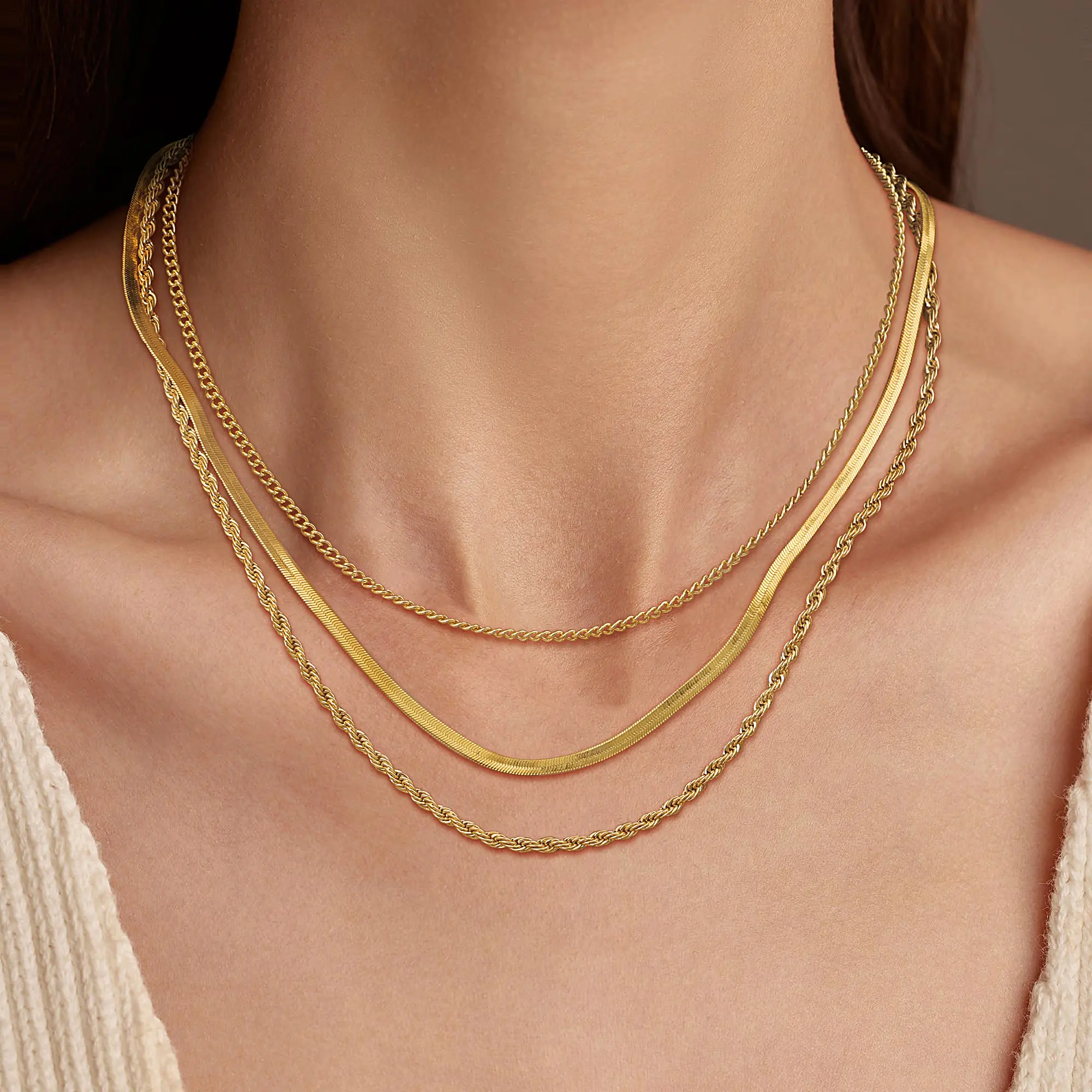Tewiky 14K Gold Plated Neclace For Women Minimalist Fashionable Necklaces Herringbone 3 Pcs for Women,Dainty Snake Chain Choker Necklaces Simple beautiful Valentine's Day Jewelry Gift for Women