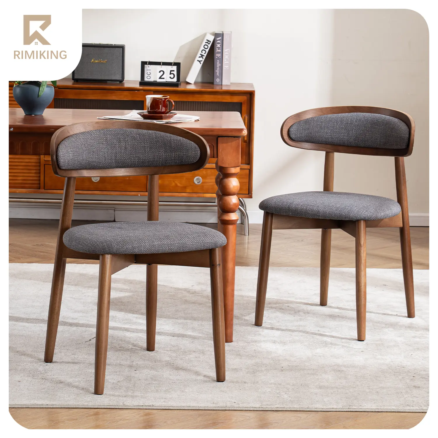 【Fathersdaygift】RIMIKING Modern Wooden Dining Chair (1 carton 2pcs) with Upholstered Seat, Ergonomic Curved Backrest, Rubberwood Frame, Kitchen Chair, Dining Room Chair