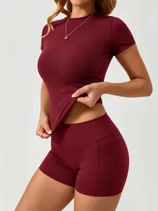 Wine Red 2 Piece Activewear Set with Side Pockets, High Waist Figure Hugging Design, Sporty Set, Ideal for Yoga, Gym Fitness and Stylish Daily Outfits