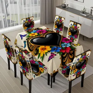 5/7-piece 2D Flat Printing Happy Spring Heart Flower Butterfly Printing Pattern Tablecloth and Chair Cover Set, for dining table and chair decoration, perfect for home, holiday gatherings, restaurants, and parties.