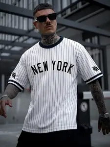Men's New York Pinstripe Baseball Jersey | Lightweight Breathable Polyester, White & Navy Retro Sportswear, "NEW YORK" Classic Letter Print, Contrast Striped Cuffs & Ringer Neck, Oversized Streetwear Tee, Ideal for Daily Wear, Hip Hop Style & Athletic Loo