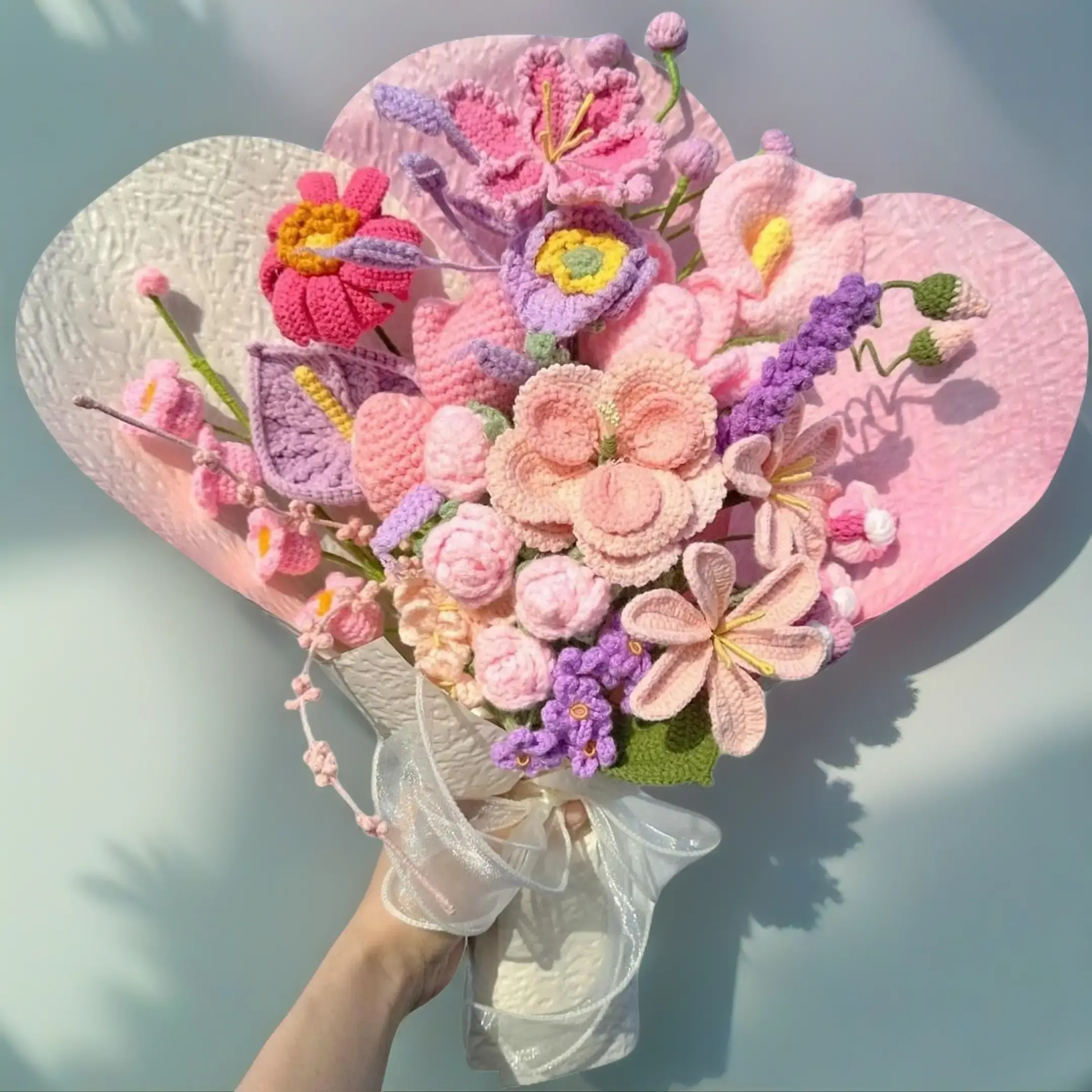 Handmade Crochet Flower Bouquet, Pink Purple Large Keepsake Yarn Flowers for Gift and Home Decor