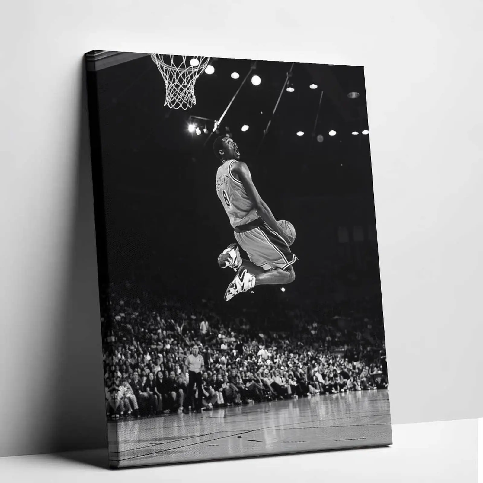 Vintage Black and White Basketball Slam Dunk Canvas Print - Iconic #8 Player Wall Art, Sports Decor, Man Cave Decor for Gym, Bedroom
