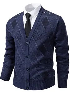 Men's Plaid Knit Cardigan Jacket, Winter New Trendy Versatile Warm Outerwear, V Neck Buttoned Knit Sweater, Thick Fleece Casual Fashion Top, Long Sleeve Knitwear, Menswear
