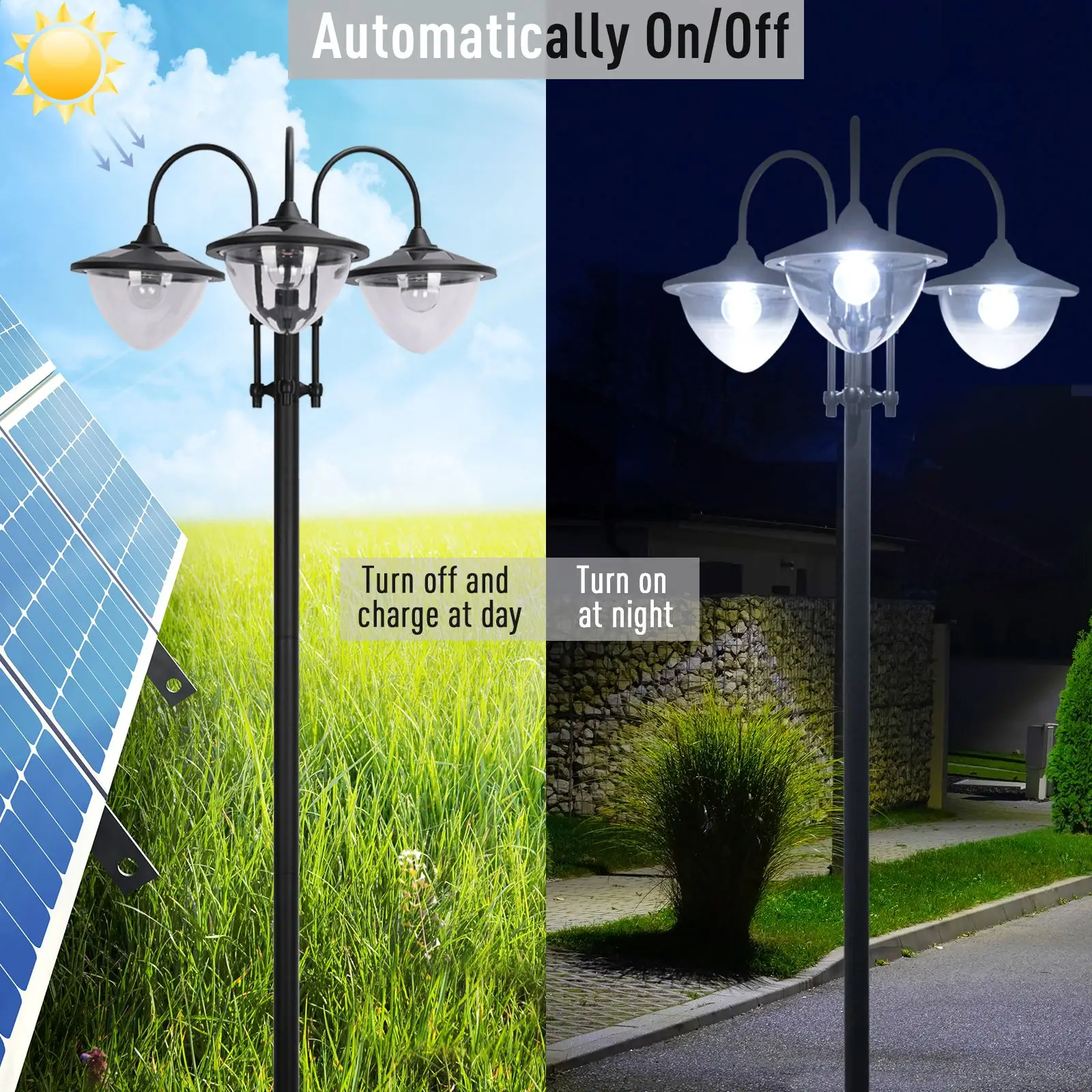 Outsunny 72" - 94.5" Solar Lamp Post, All-Weather Waterproof Stainless Steel, Vintage Style for Garden, 6 Hour Max Outdoor Ready LED Lighting, for Gar