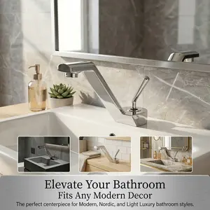 Chrome Finish Geometric Corner Basin Faucet, Single Handle Cold Hot Dual Control Flat Spout, Bathroom Countertop Sink Tap