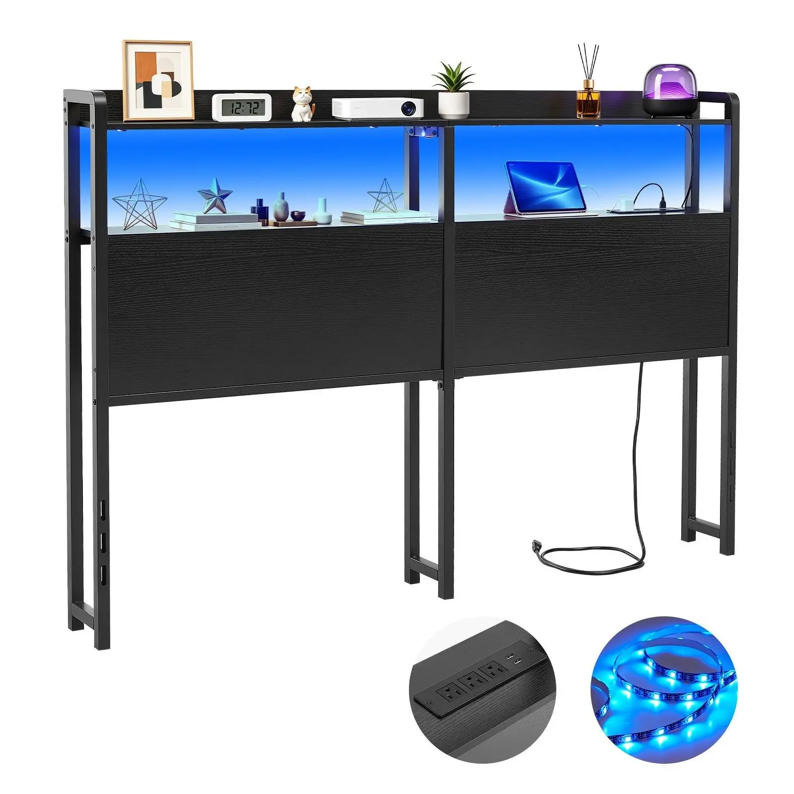 Queen Size Headboard with Carbon Steel Frame - 2 Storage Shelves, LED Light, 3 Outlets, 3 USB Ports, Charging Station, Adjustable Height, Sturdy & Stable