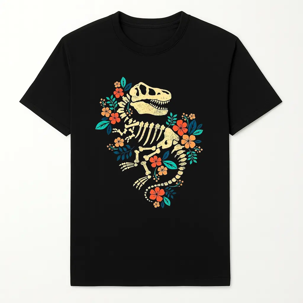 Women's T-Rex Skeleton Graphic T-Shirt, Soft 100% Cotton Short-Sleeve Top, Regular Fit Paleo Theme for Casual Streetwear, Breathable, Skeleton Print Bag Everyday